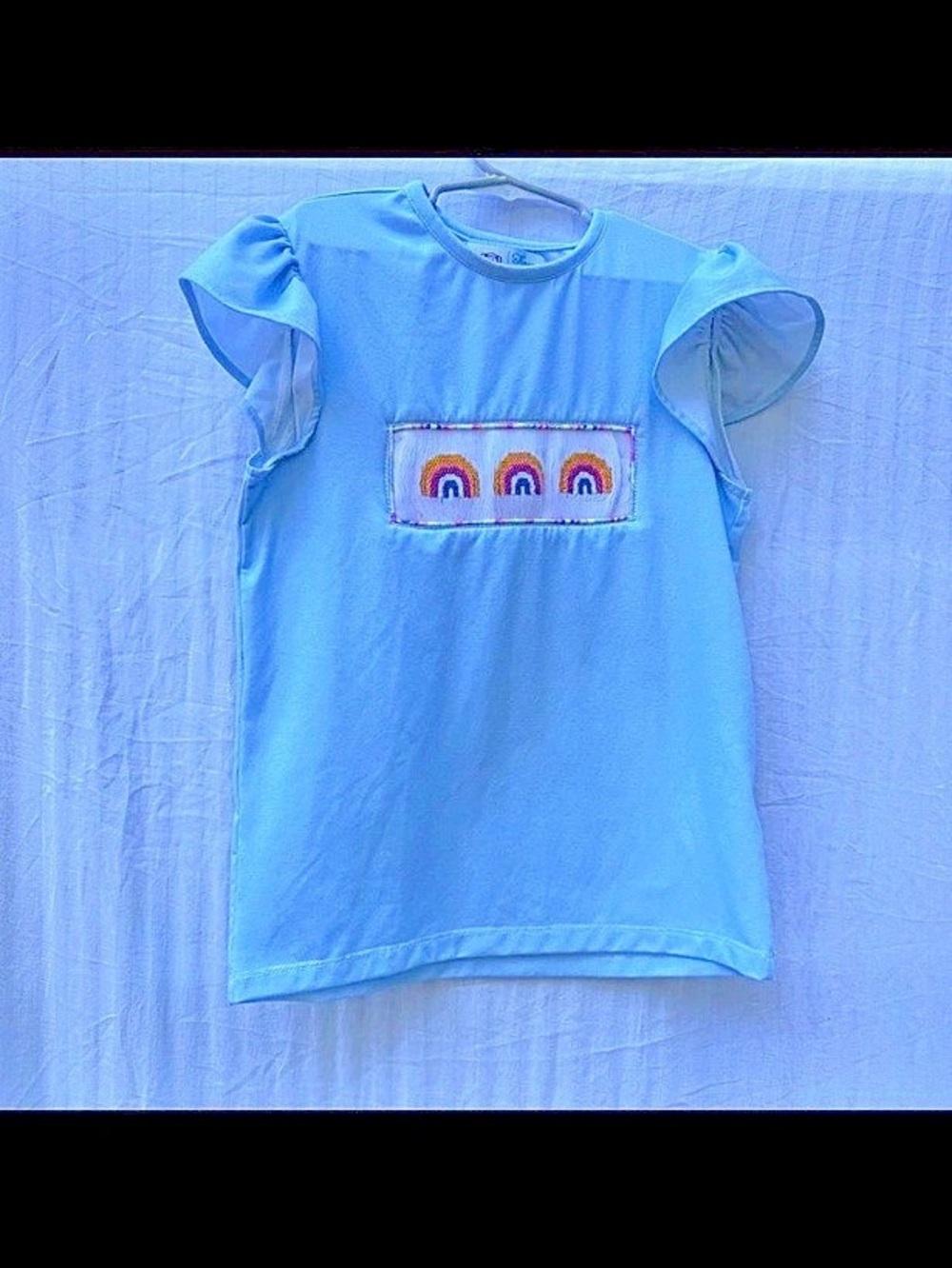 Three Cousins Smocks Girls Shirt 7T Blue Smocked Rainbow Flutter Sleeve Vtg